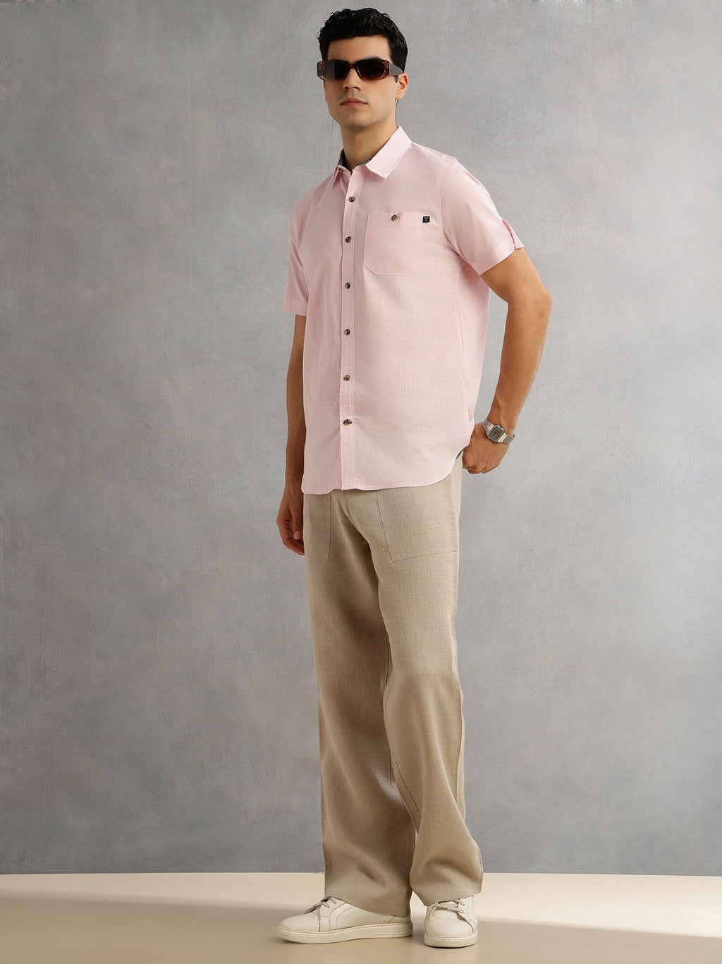 Thomas Scott Men Pink Regular Fit Short Sleeves Spread Collar 100% Cotton Casual Shirt