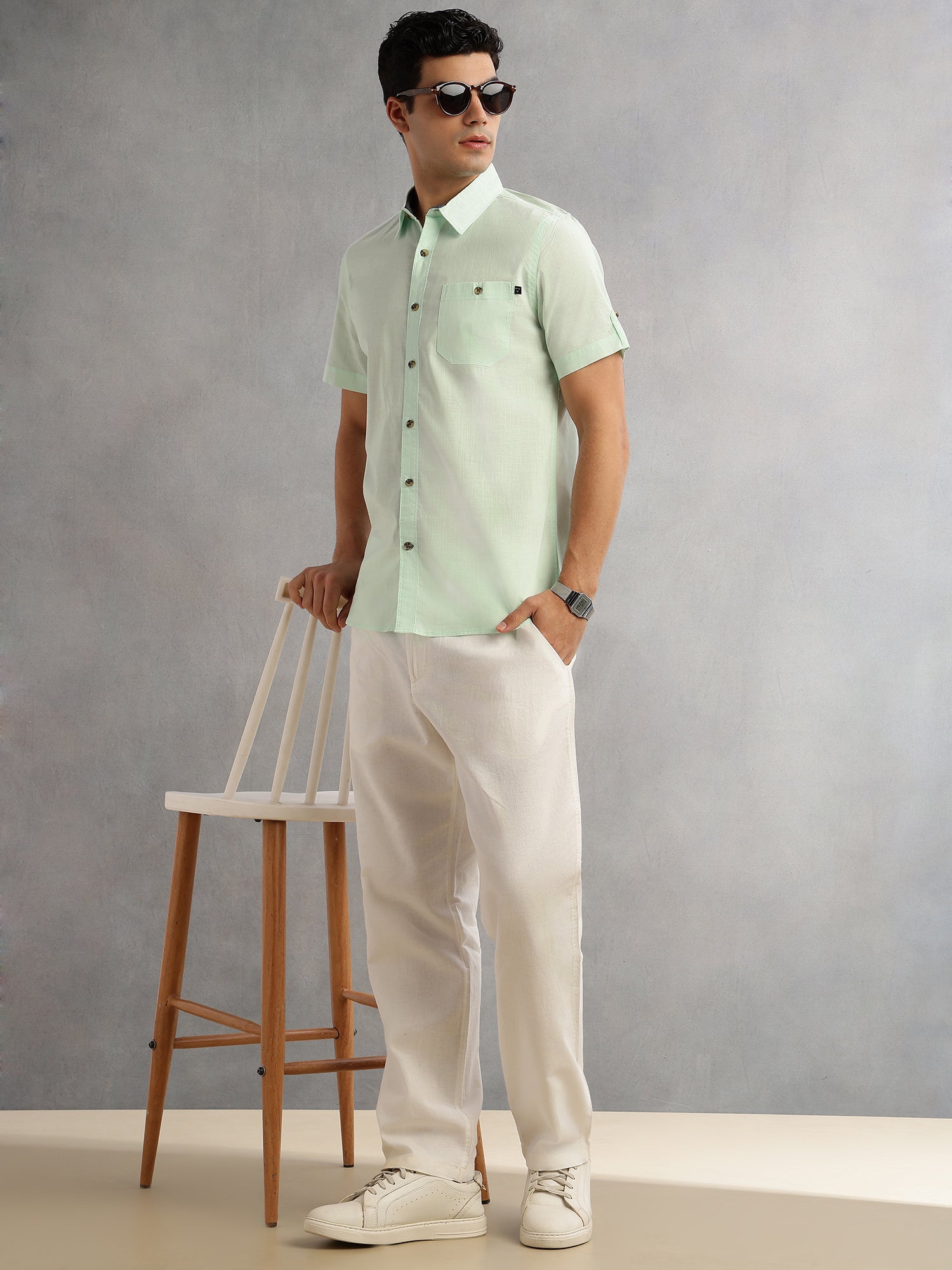 Thomas Scott Men Lime Green Regular Fit Short Sleeves Spread Collar 100% Cotton Casual Shirt