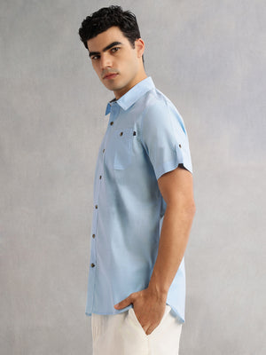Blue Regular Fit Short Sleeves Spread Collar 100% Cotton Casual Shirt For Men