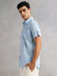 Blue Regular Fit Short Sleeves Spread Collar 100% Cotton Casual Shirt For Men