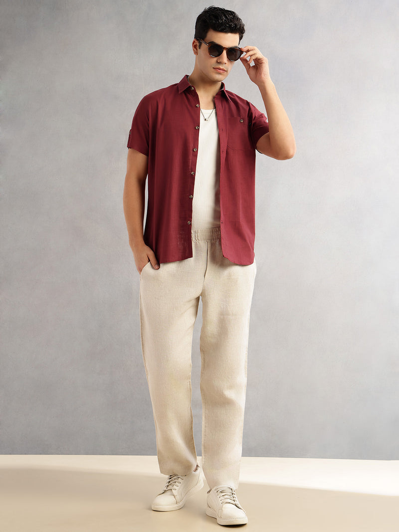 Thomas Scott Men Maroon Regular Fit Short Sleeves Spread Collar 100% Cotton Casual Shirt