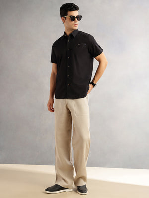 Black Regular Fit Short Sleeves Spread Collar 100% Cotton Casual Shirt For Men