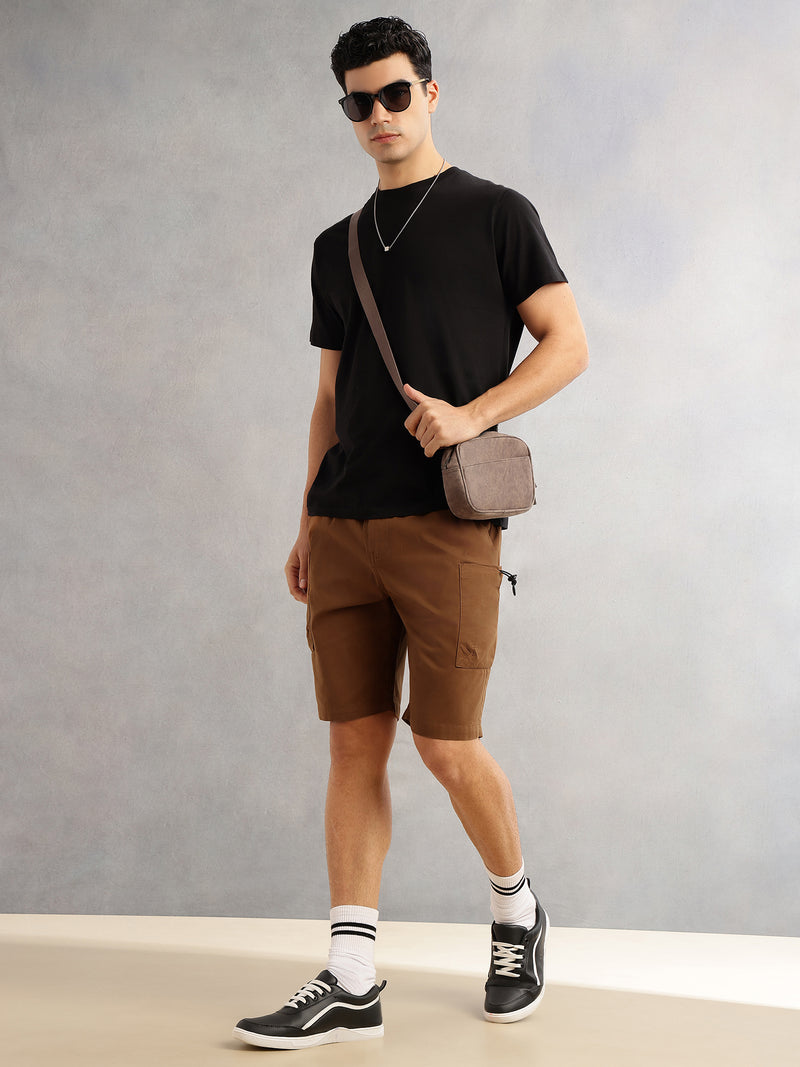 Thomas Scott Men Brown Relaxed Fit Mid-Rise Solid 100% Cotton Woven Cargo Shorts