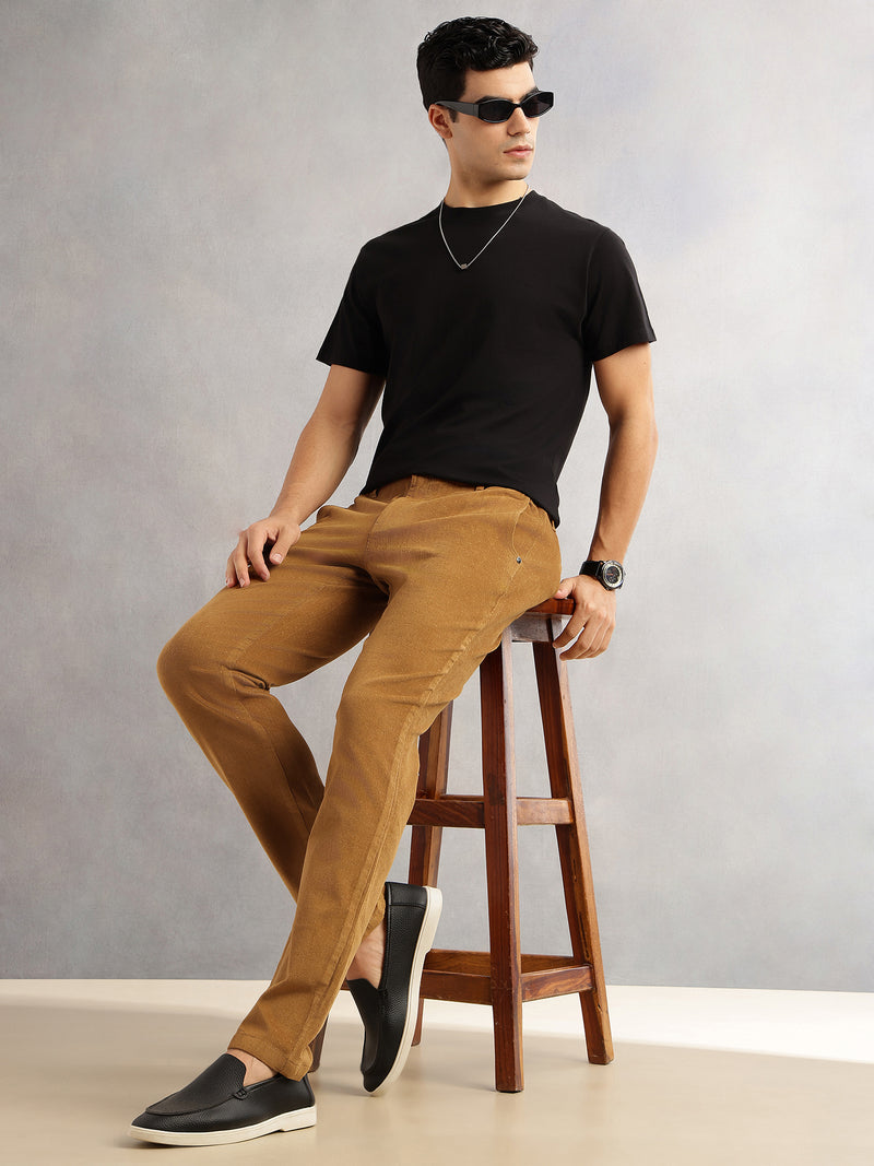 Thomas Scott Men Sand Regular Fit Mid-Rise 4 Pockets Woven Corduroy Trouser
