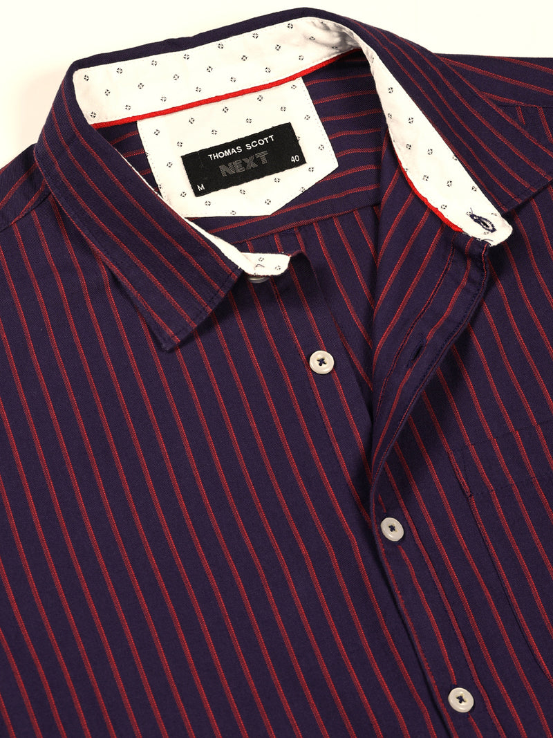 Thomas Scott Men Purple Slim Fit Long Sleeves Spread Collar Pinstripes Cotton Casual Shirt