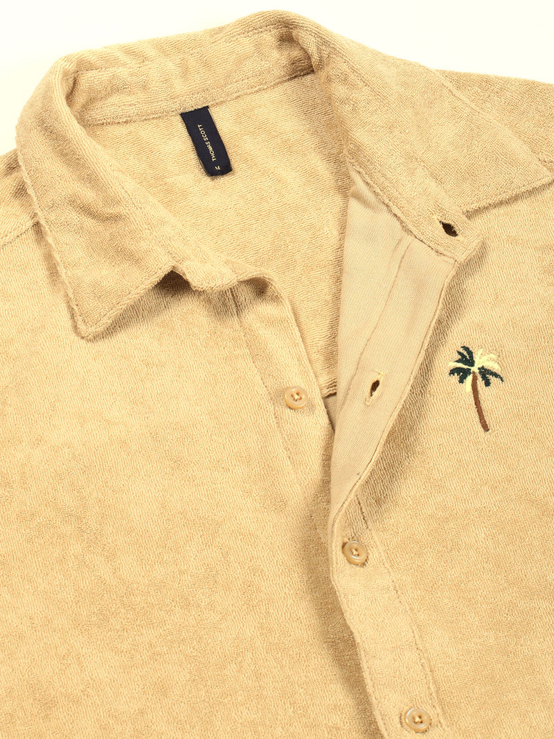 Thomas Scott Men Cream Towel Terry Relaxed Fit Short Sleeves Spread Collar Knitted Casual Shirt
