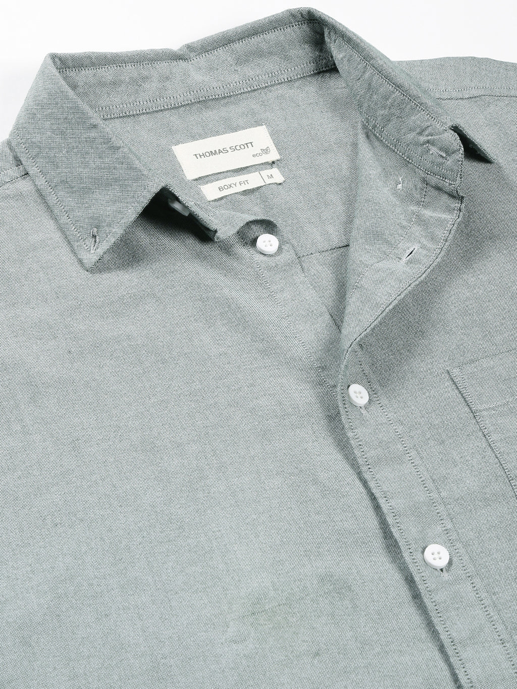 Thomas Scott Men Olive Boxy Fit Long Sleeves Spread Collar Solid 100% Cotton Oxford Casual Shirt