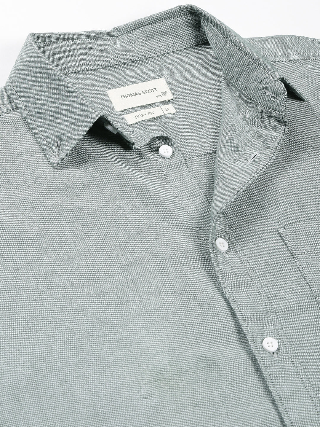 Thomas Scott Men Olive Boxy Fit Long Sleeves Spread Collar Solid 100% Cotton Oxford Casual Shirt
