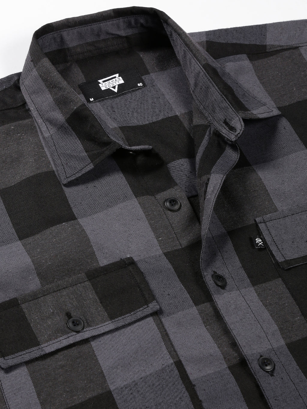 Thomas Scott Men Grey Regular Fit Long Sleeves Buffalo Checked 2 Flap Pockets Twill Cotton Shirt