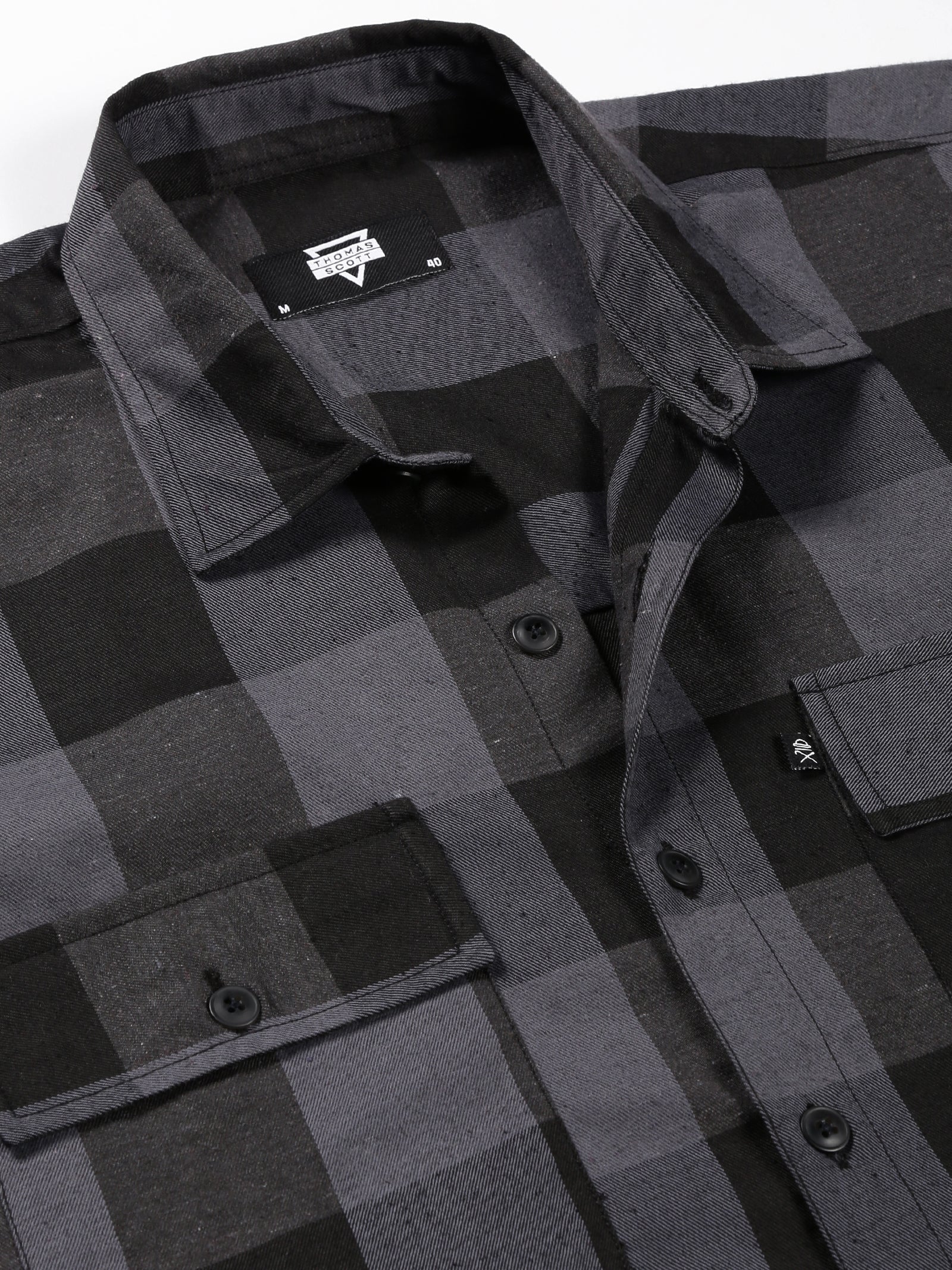 Thomas Scott Men Grey Regular Fit Long Sleeves Buffalo Checked 2 Flap Pockets Twill Cotton Shirt