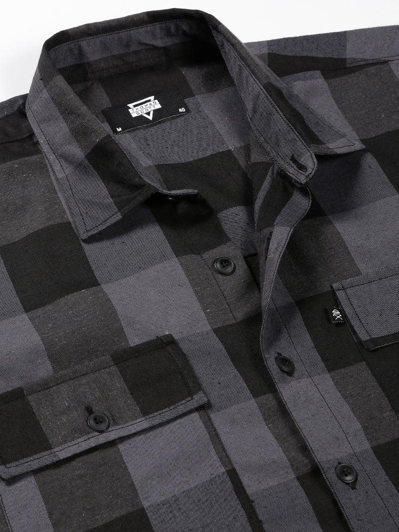 Thomas Scott Men Grey Regular Fit Long Sleeves Buffalo Checked 2 Flap Pockets Twill Cotton Shirt