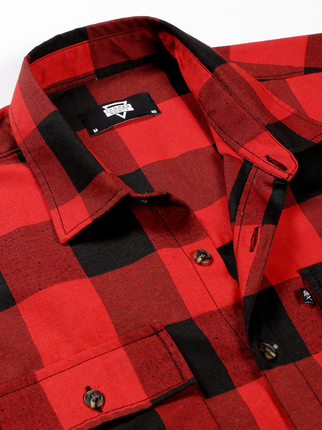 Thomas Scott Men Red Regular Fit Long Sleeves Buffalo Checked 2 Flap Pockets Twill Cotton Shirt