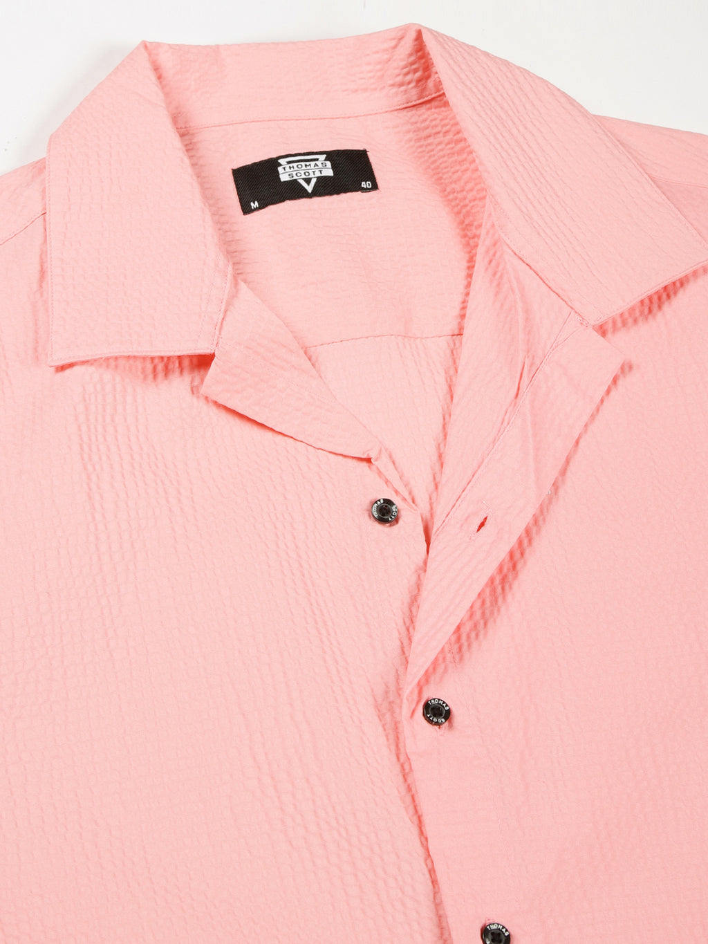 Thomas Scott Men Pink Slim Fit Textured Short Sleeves Cuban Collar Casual Shirt