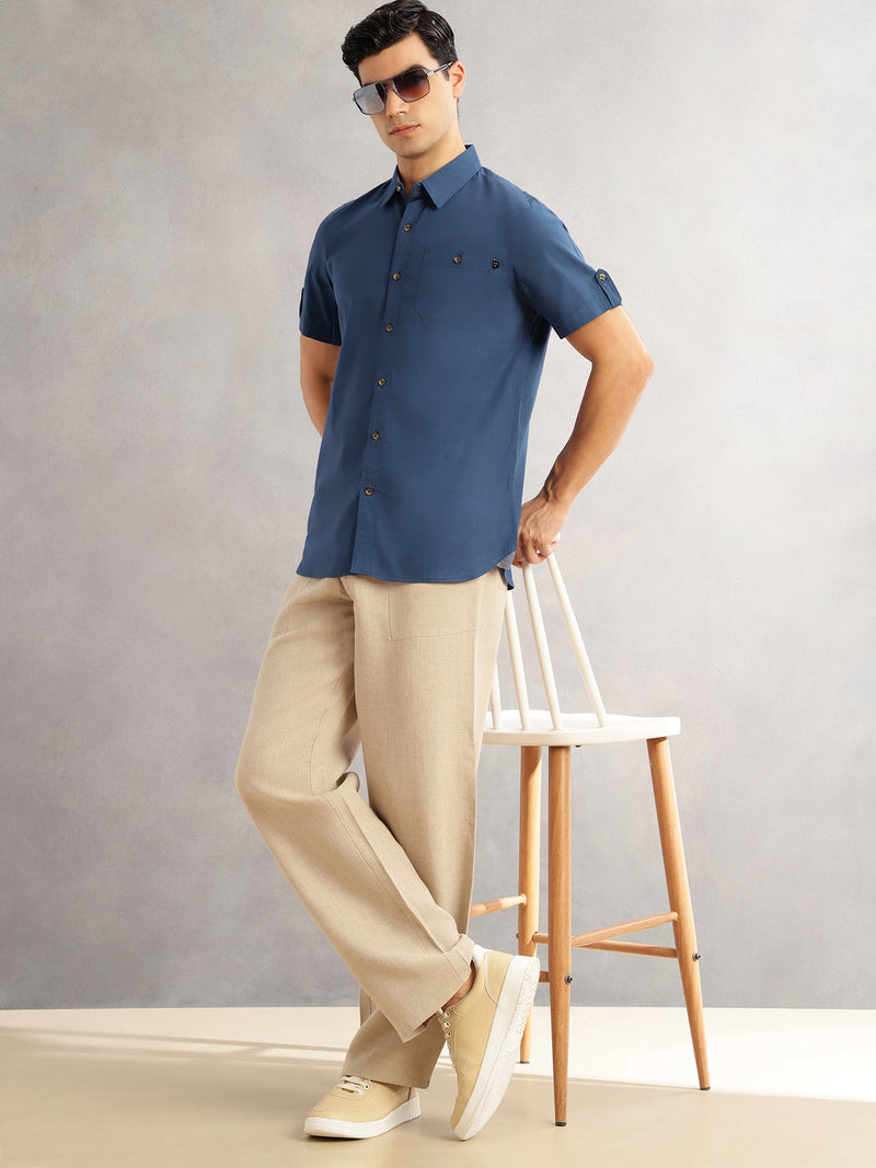 Thomas Scott Men Teal Regular Fit Short Sleeves Spread Collar 100% Cotton Casual Shirt