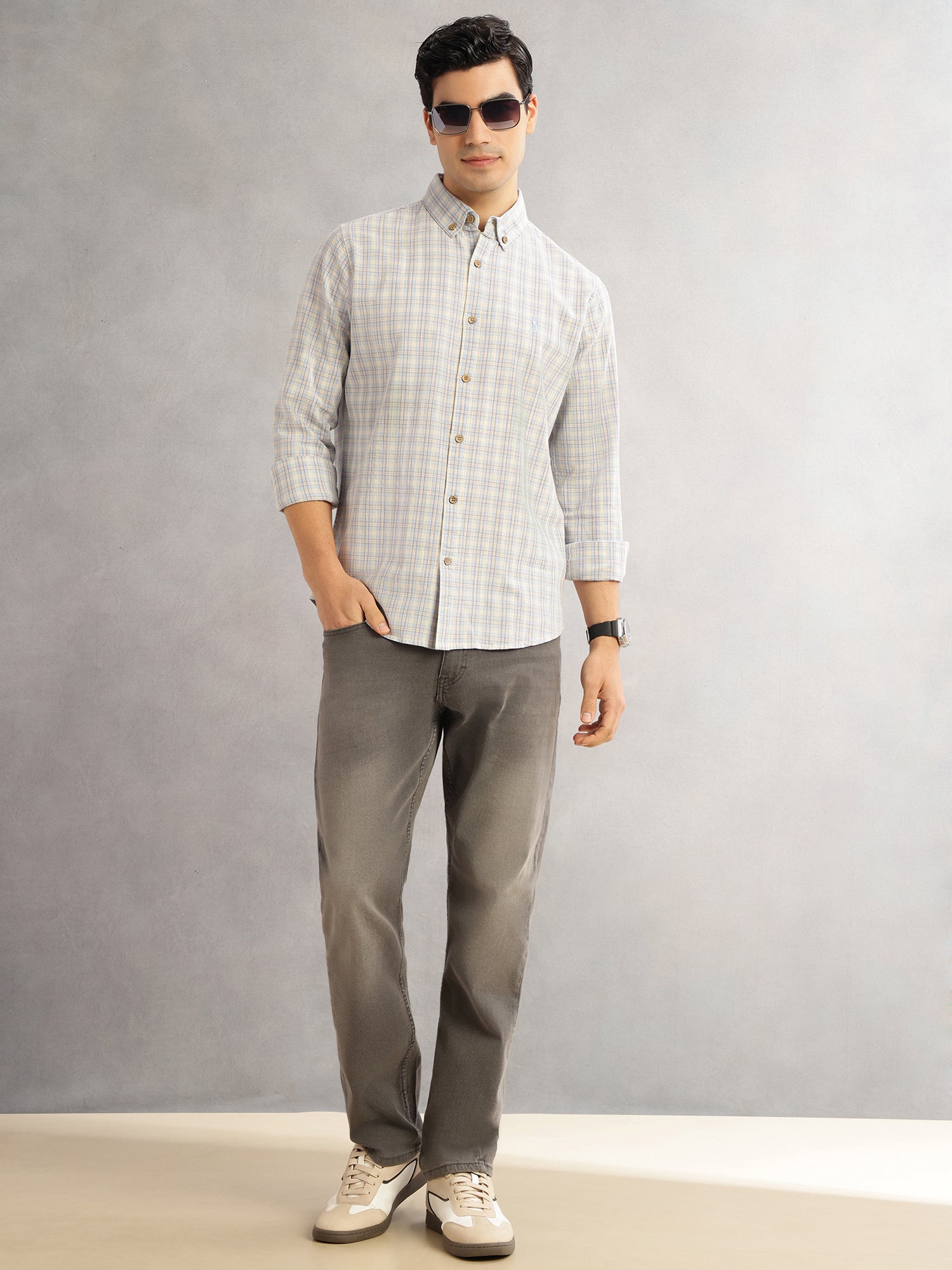 Thomas Scott Men Aqua Cricket Club Slim Fit Long Sleeves Button-Down Collar Tartan Checks Cotton Linen Casual Shirt