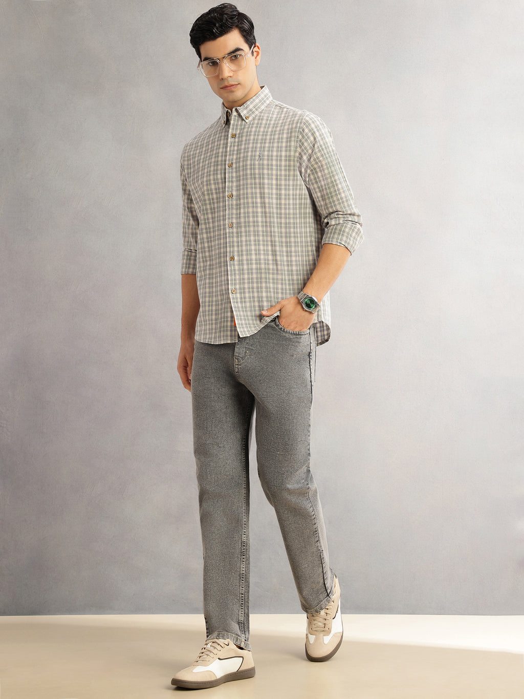 Thomas Scott Men Grey Cricket Club Slim Fit Long Sleeves Button-Down Collar Tartan Checks Cotton Linen Casual Shirt