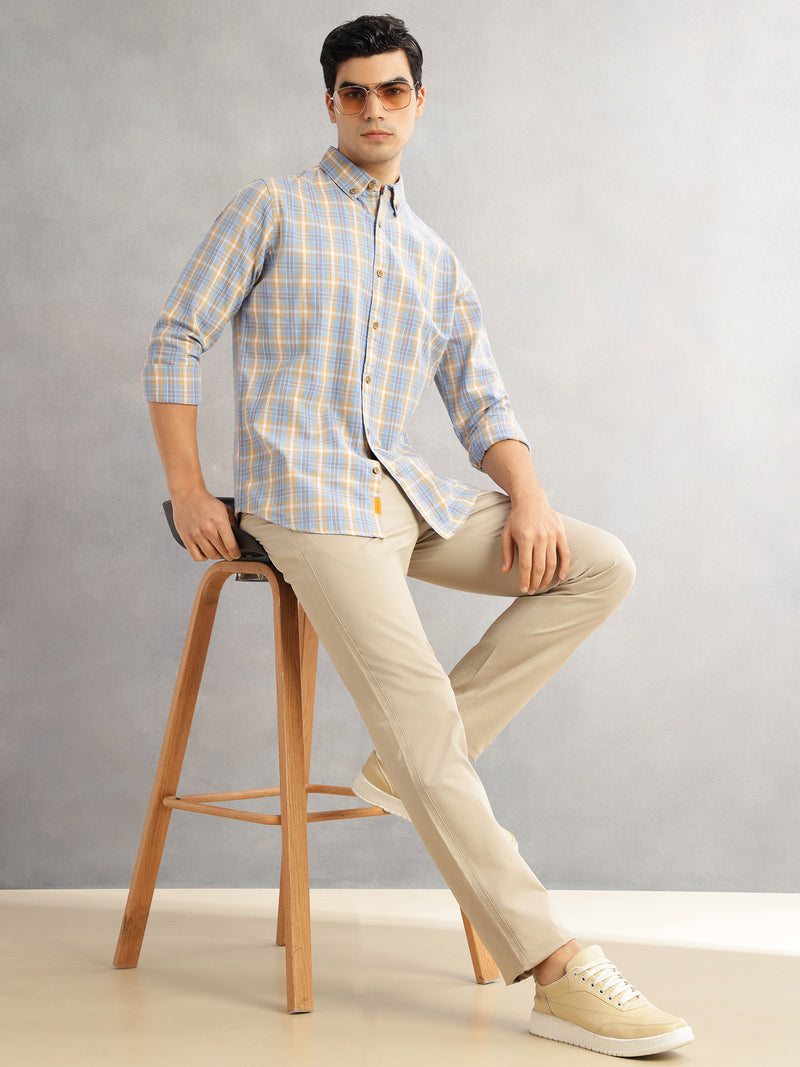 Thomas Scott Men Blue Cricket Club Slim Fit Long Sleeves Button-Down Collar Graphic Checks Cotton Linen Casual Shirt