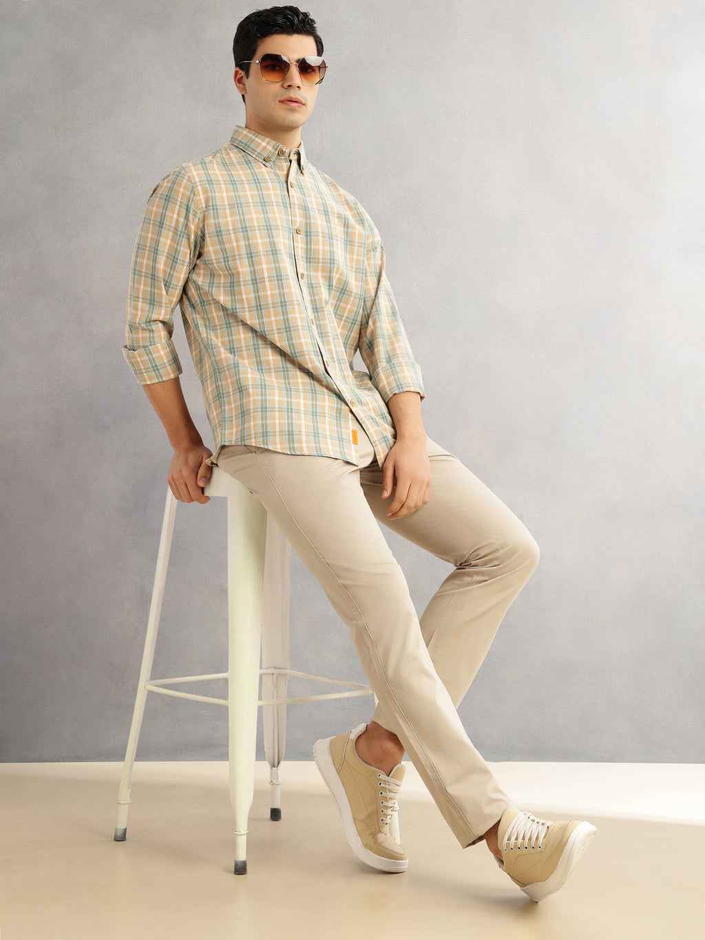 Thomas Scott Men Green Cricket Club Slim Fit Long Sleeves Button-Down Collar Graphic Checks Cotton Linen Casual Shirt