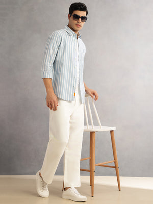 Thomas Scott Men Blue Cricket Club Slim Fit Long Sleeves Button-Down Collar Vertical Stripes Cotton Linen Casual Shirt