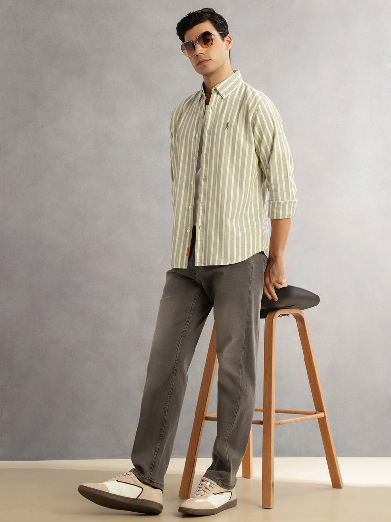 Thomas Scott Men Pista Cricket Club Slim Fit Long Sleeves Button-Down Collar Vertical Stripes Cotton Linen Casual Shirt