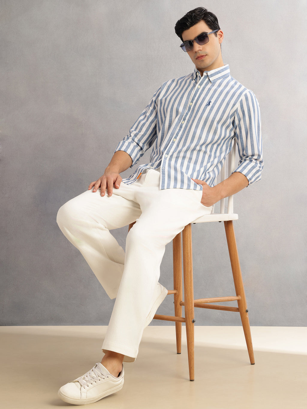 Thomas Scott Men Blue Cricket Club Slim Fit Long Sleeves Button-Down Collar Vertical Stripes Cotton Linen Casual Shirt