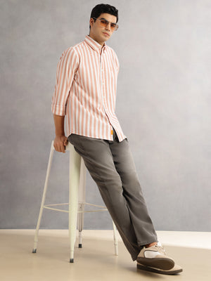 Thomas Scott Men Peach Cricket Club Slim Fit Long Sleeves Button-Down Collar Vertical Stripes Cotton Linen Casual Shirt