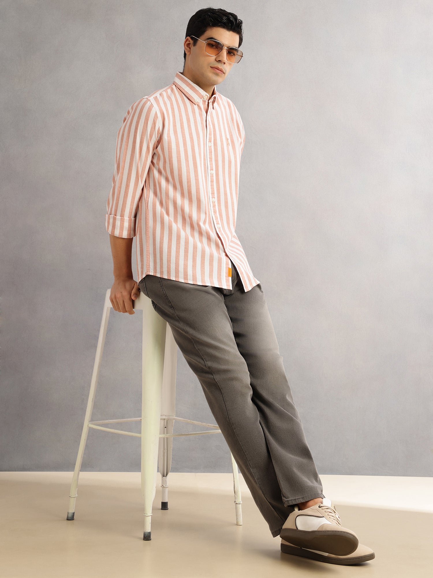Thomas Scott Men Peach Cricket Club Slim Fit Long Sleeves Button-Down Collar Vertical Stripes Cotton Linen Casual Shirt