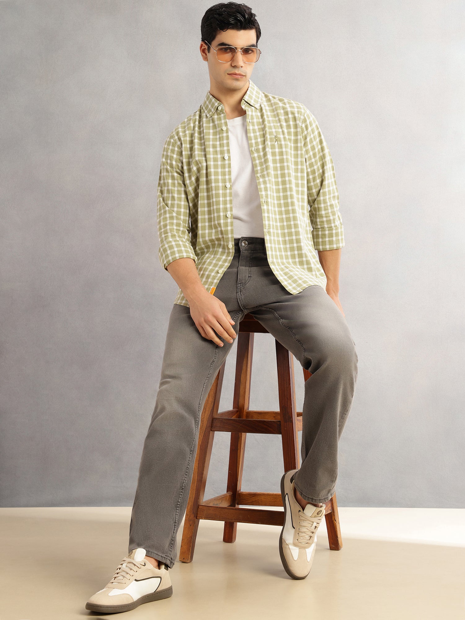 Thomas Scott Men Olive Cricket Club Slim Fit Long Sleeves Button-Down Collar Gingham Checks Cotton Linen Casual Shirt