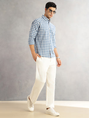 Thomas Scott Men Blue Cricket Club Slim Fit Long Sleeves Button-Down Collar Gingham Checks Cotton Linen Casual Shirt
