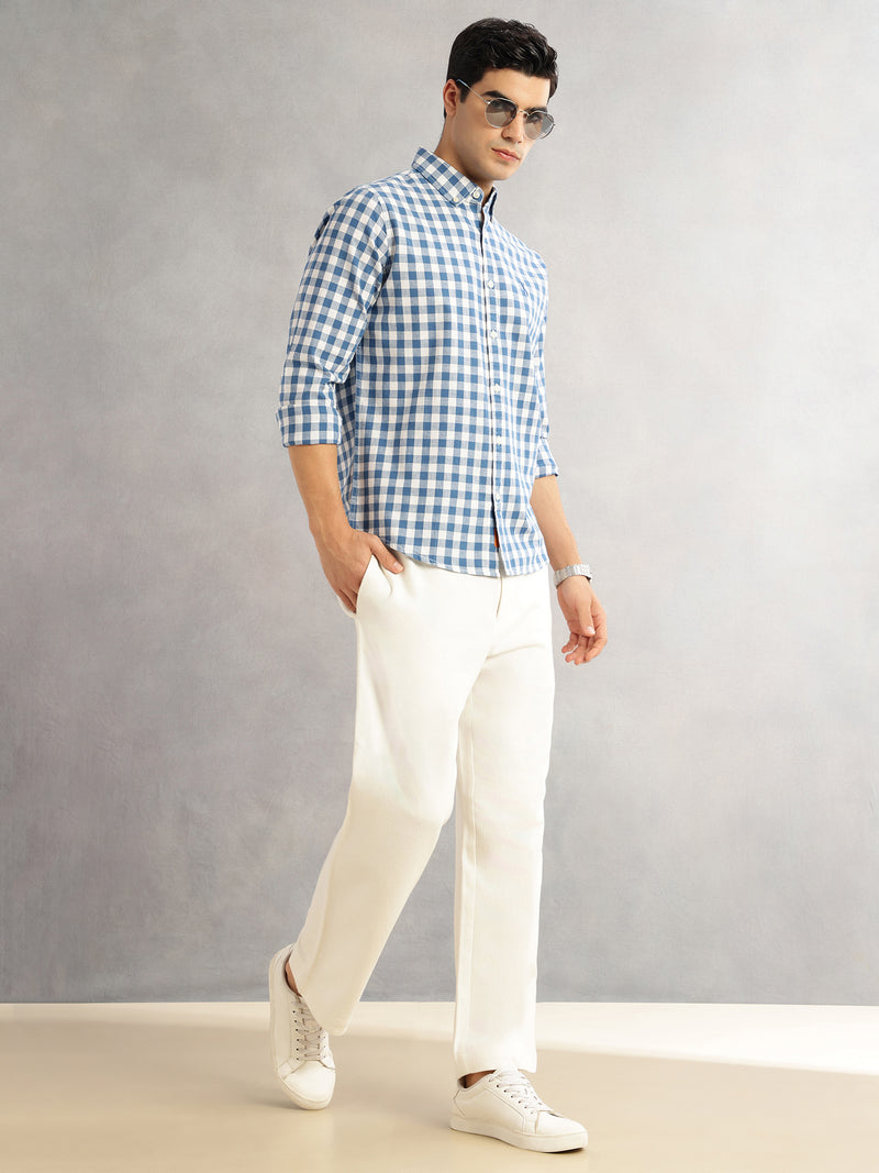 Thomas Scott Men Blue Cricket Club Slim Fit Long Sleeves Button-Down Collar Gingham Checks Cotton Linen Casual Shirt