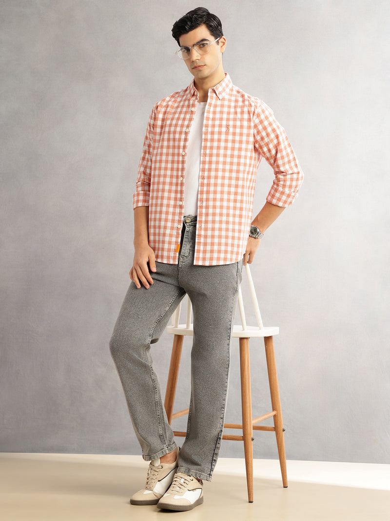 Thomas Scott Men Peach Cricket Club Slim Fit Long Sleeves Button-Down Collar Gingham Checks Cotton Linen Casual Shirt
