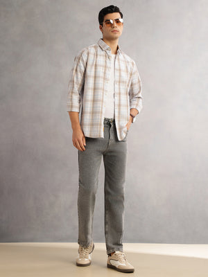 Thomas Scott Men Beige Cricket Club Slim Fit Long Sleeves Button-Down Collar Windowpane Checks 100% Cotton Casual Shirt
