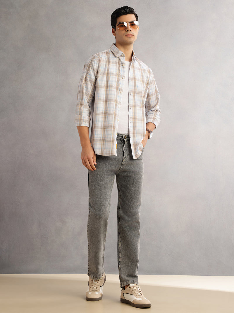Thomas Scott Men Beige Cricket Club Slim Fit Long Sleeves Button-Down Collar Windowpane Checks 100% Cotton Casual Shirt