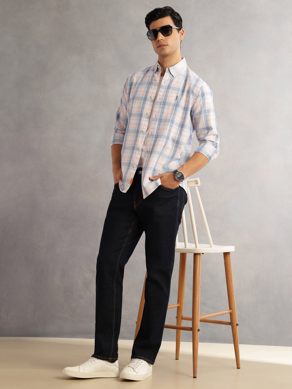 Thomas Scott Men Blue Cricket Club Slim Fit Long Sleeves Button-Down Collar Windowpane Checks 100% Cotton Casual Shirt