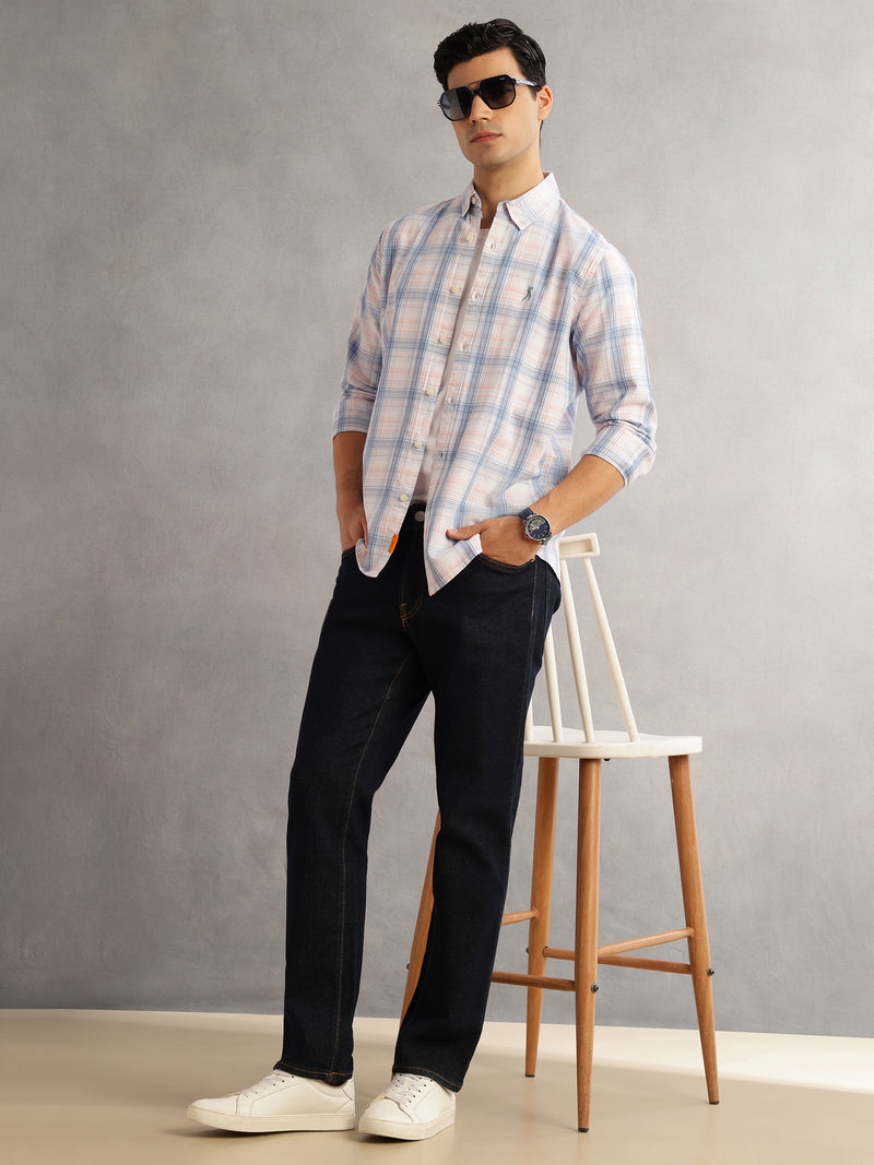 Thomas Scott Men Blue Cricket Club Slim Fit Long Sleeves Button-Down Collar Windowpane Checks 100% Cotton Casual Shirt