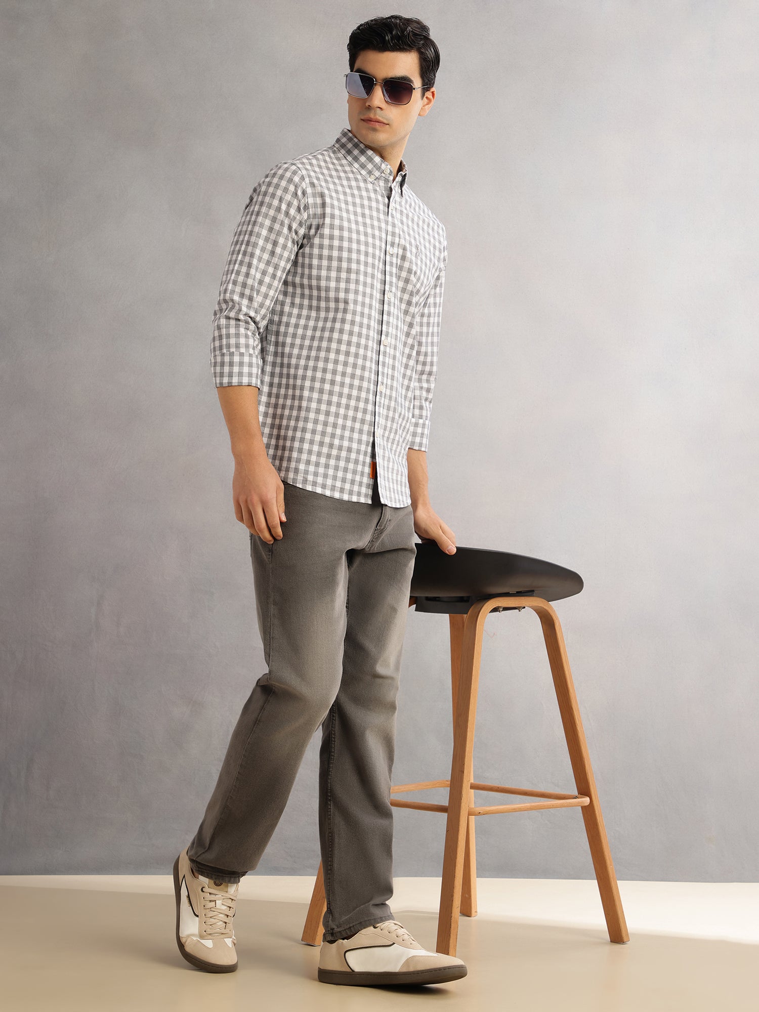 Thomas Scott Men Grey Cricket Club Slim Fit Long Sleeves Button-Down Collar Gingham Checks 100% Cotton Casual Shirt