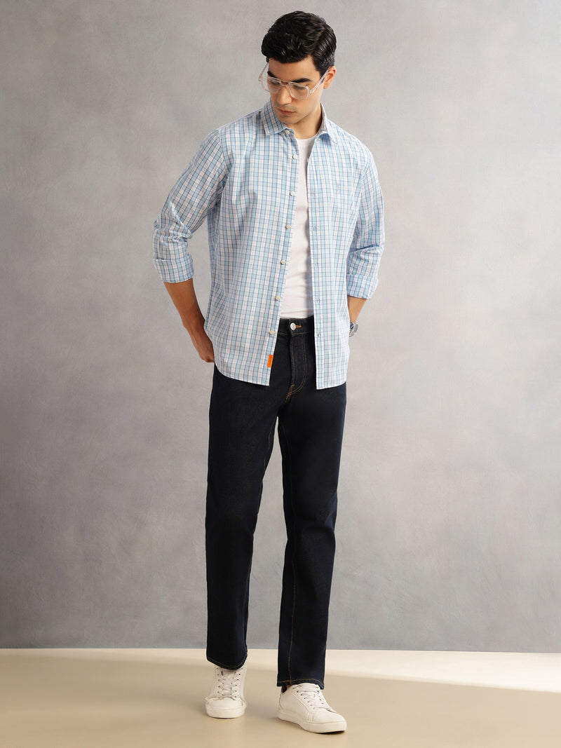 Thomas Scott Men Aqua Cricket Club Slim Fit Long Sleeves Button-Down Collar Gingham Checks 100% Cotton Casual Shirt