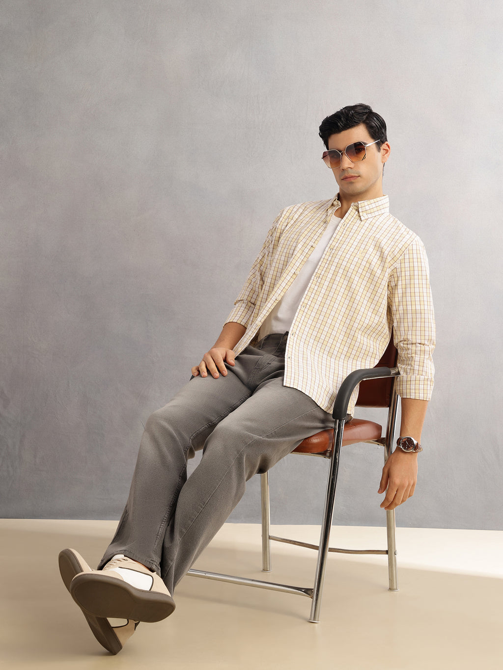 Thomas Scott Men Mustard Cricket Club Slim Fit Long Sleeves Button-Down Collar Gingham Checks 100% Cotton Casual Shirt