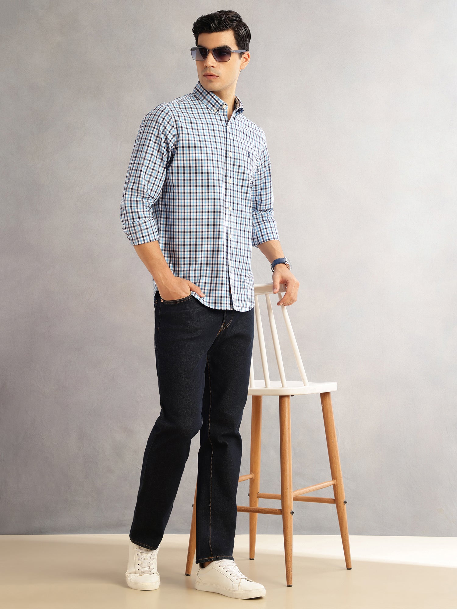 Thomas Scott Men Blue Cricket Club Slim Fit Long Sleeves Button-Down Collar Tartan Checks 100% Cotton Casual Shirt