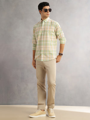 Thomas Scott Men Green Cricket Club Slim Fit Long Sleeves Button-Down Collar Grid Tattersall Checks Casual Shirt