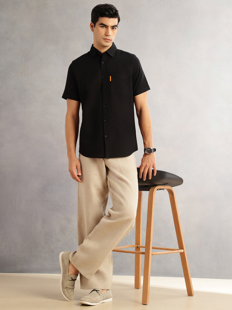 Thomas Scott Men Black Cricket Club Regular Fit Short Sleeves Spread Collar Cotton Linen Casual Shirt