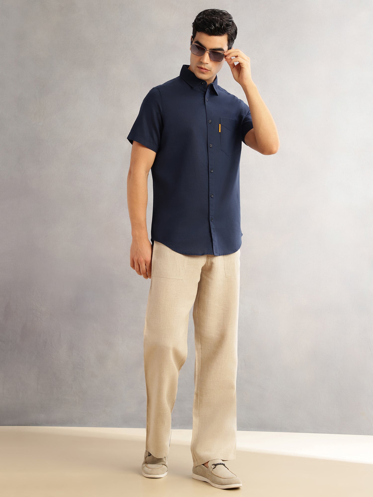Thomas Scott Men Navy Cricket Club Regular Fit Short Sleeves Spread Collar Cotton Linen Casual Shirt