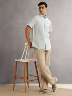Thomas Scott Men SkyBlue Cricket Club Regular Fit Short Sleeves Spread Collar Cotton Linen Casual Shirt