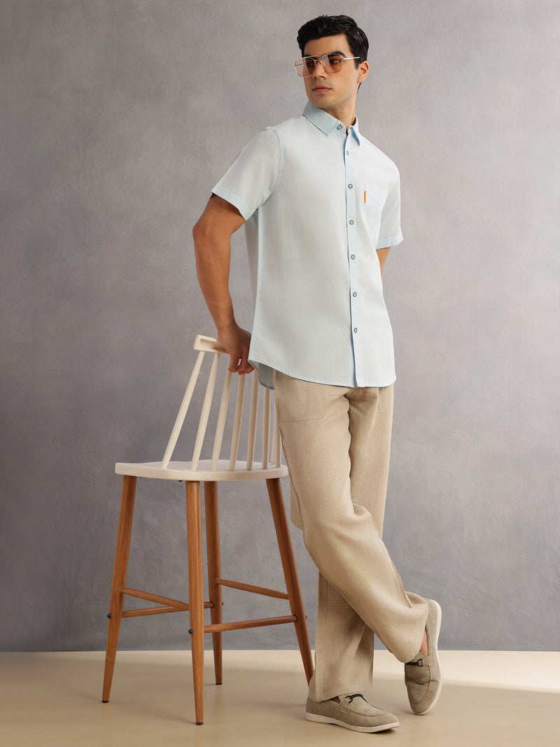 Thomas Scott Men SkyBlue Cricket Club Regular Fit Short Sleeves Spread Collar Cotton Linen Casual Shirt