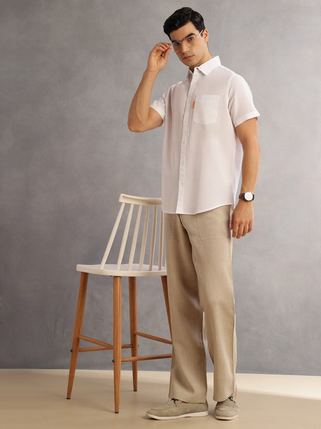 Thomas Scott Men White Cricket Club Regular Fit Short Sleeves Spread Collar Cotton Linen Casual Shirt
