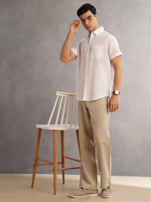 White Cricket Club Regular Fit Short Sleeves Spread Collar Cotton Linen Casual Shirt For Men