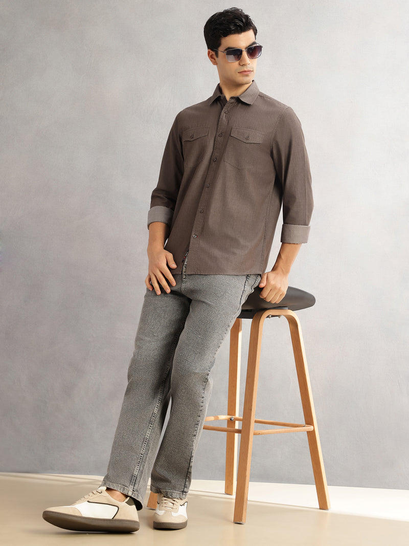 Thomas Scott Men Brown Slim Fit Long Sleeves Spread Collar Chambray 100% Cotton Casual Shirt