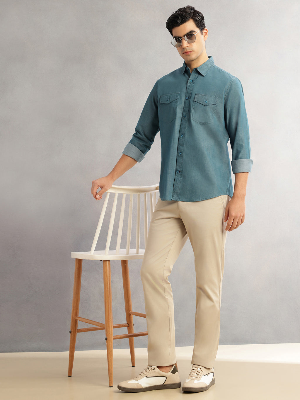 Thomas Scott Men Green Slim Fit Long Sleeves Spread Collar Chambray 100% Cotton Casual Shirt
