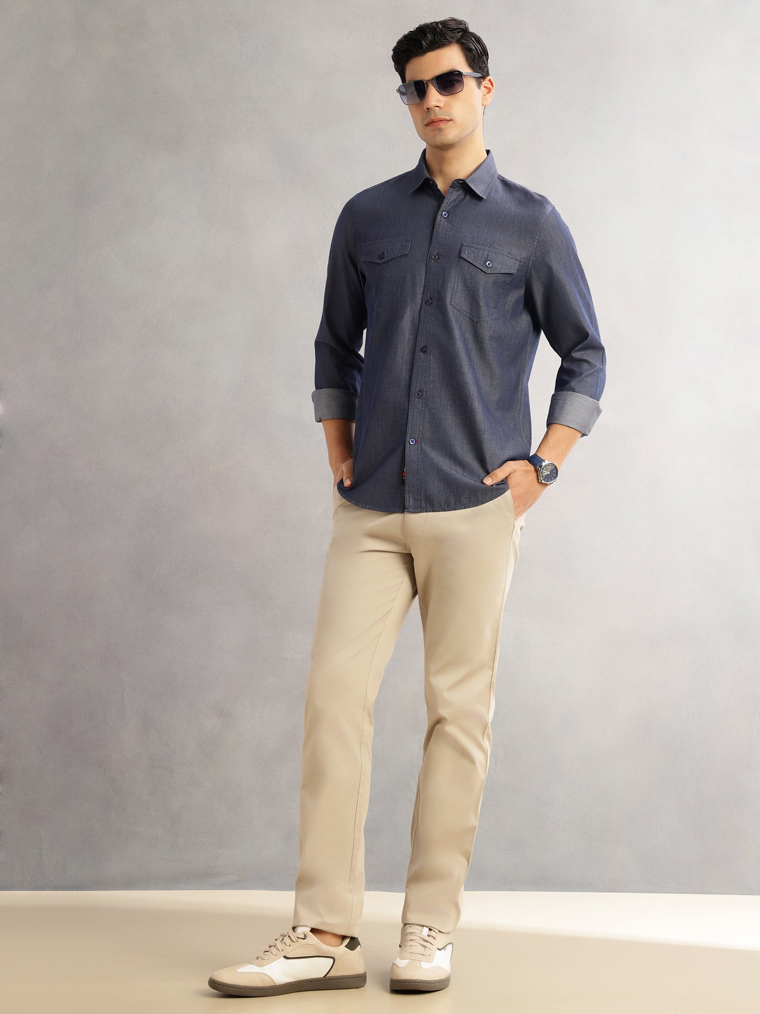 Thomas Scott Men Navy Slim Fit Long Sleeves Spread Collar Chambray 100% Cotton Casual Shirt