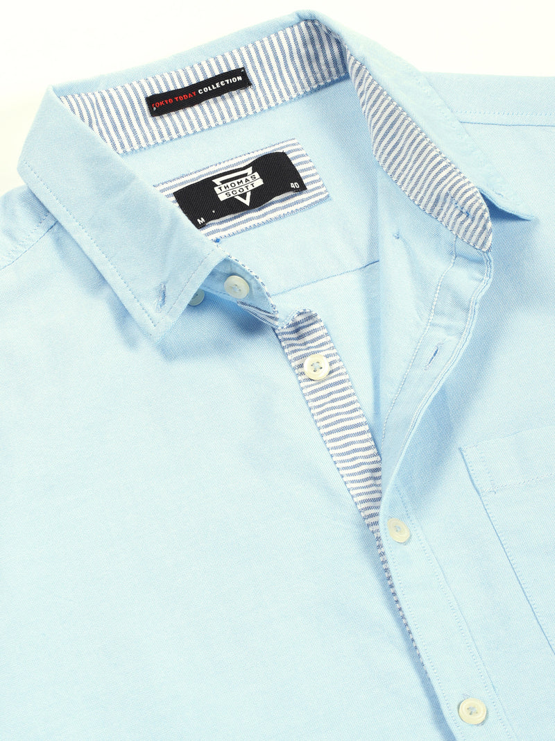 Thomas Scott Men Light Blue Slim Fit Long Sleeves Button-Down Collar 100% Cotton Casual Shirt